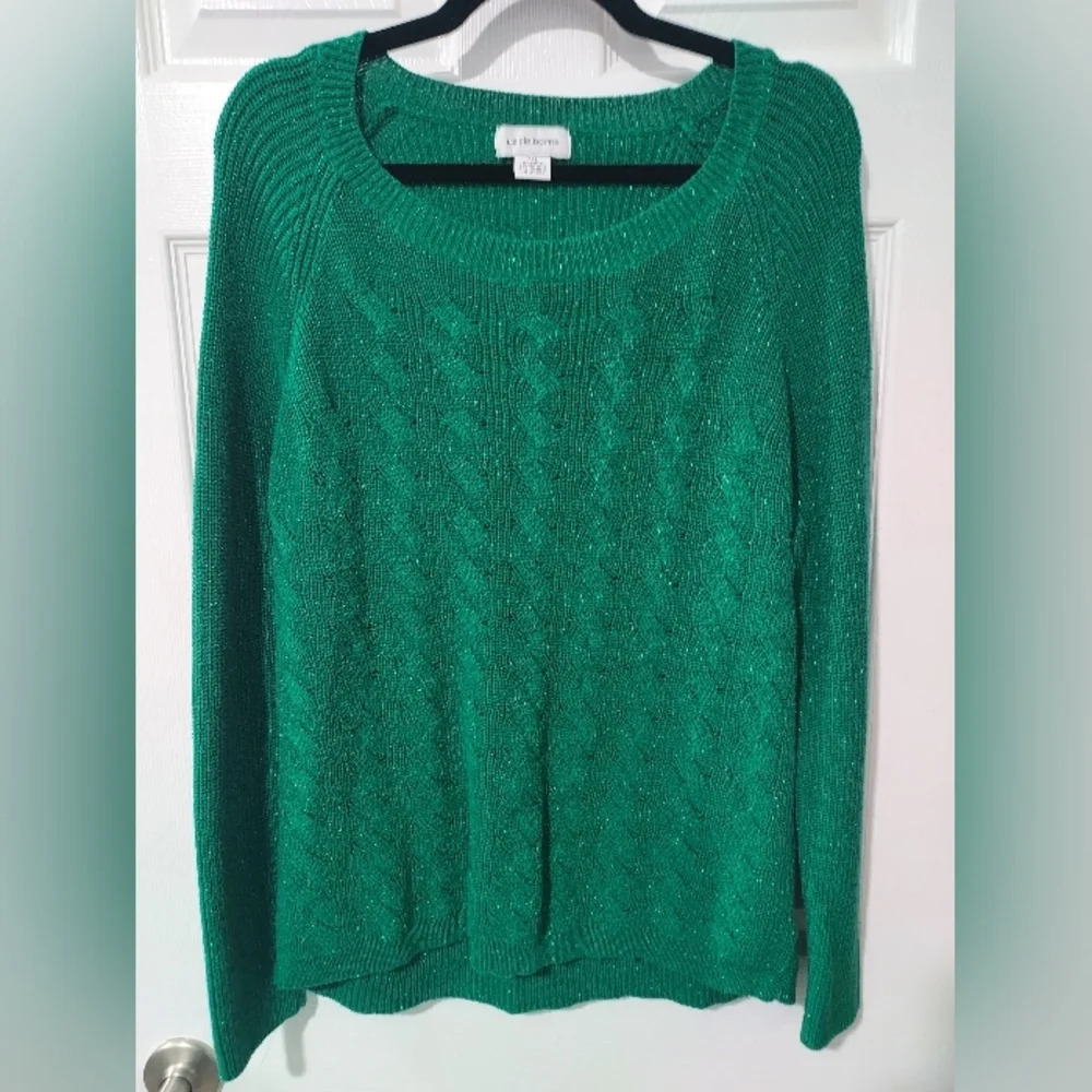 Liz Claiborne Green Sparkle Cable Knit Scoop Neck Sweater in Size XXL